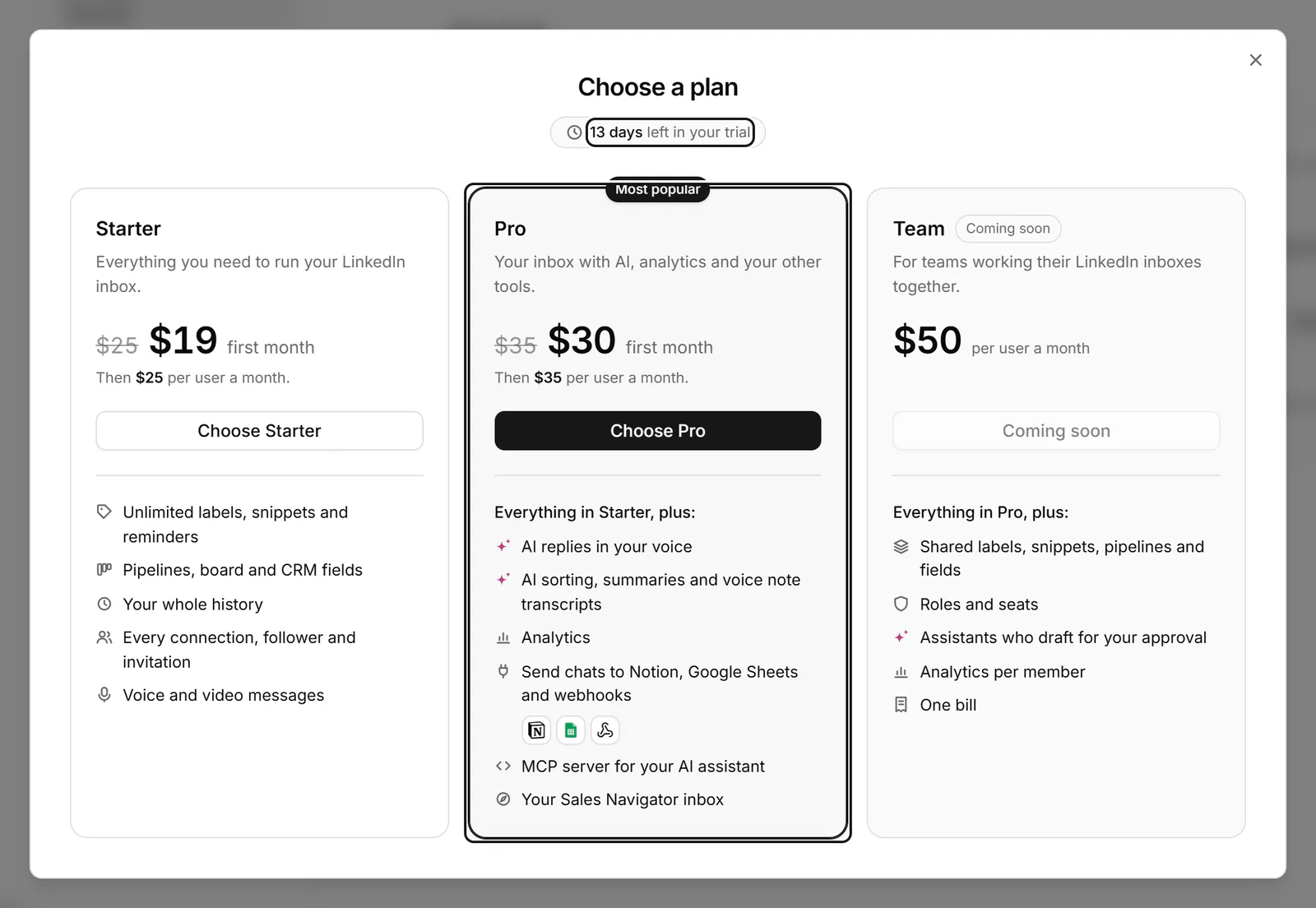 The Choose a plan dialog on the trial, showing days left and the Starter, Pro and Team plans with prices and what each includes.