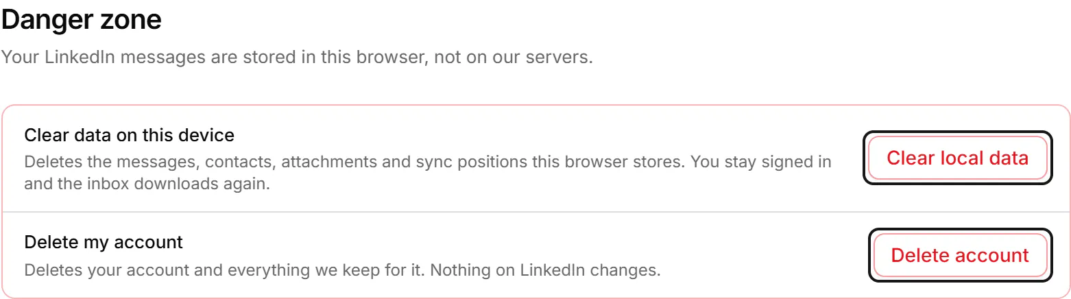 Settings, Danger zone: Clear data on this device with a Clear local data button, and Delete my account with a Delete account button.