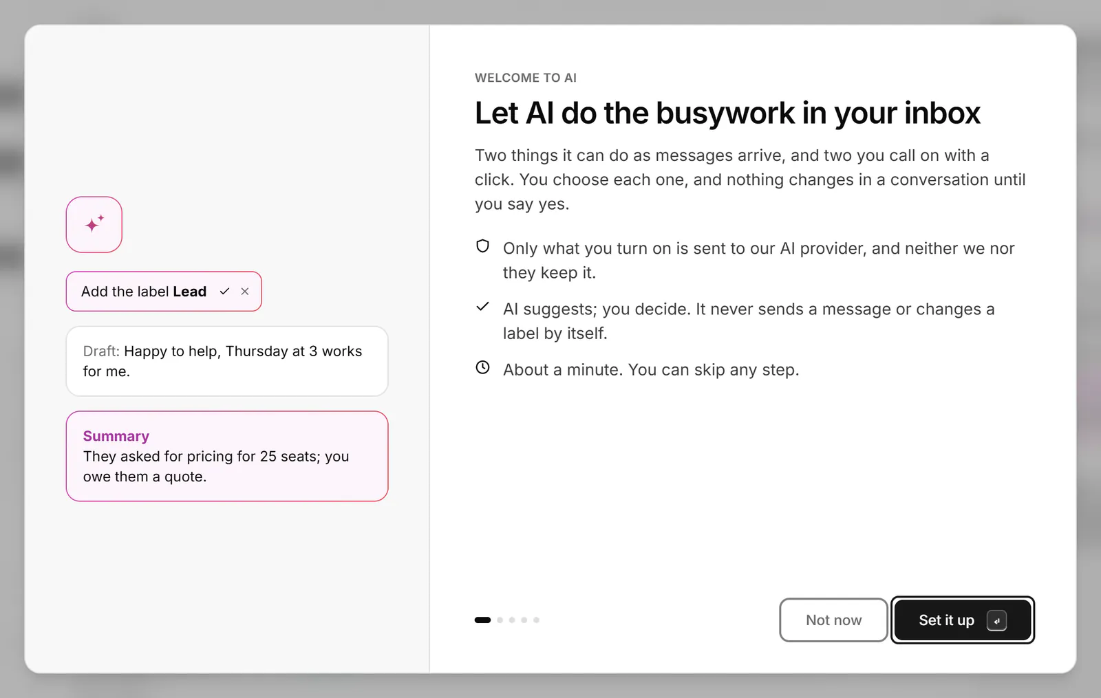 The Welcome to AI dialog: AI suggests and you decide, it never sends a message or changes a label by itself, with Set it up and Not now.