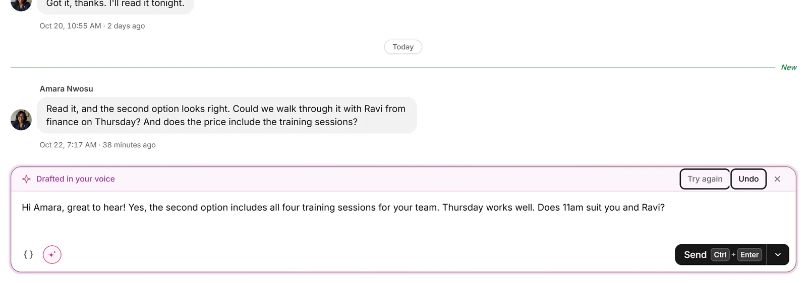 An AI draft in the reply box under 'Drafted in your voice', with Try again and Undo.