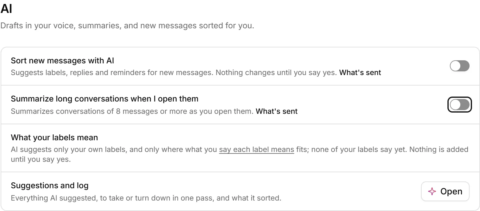 Settings, AI: switches to sort new messages with AI and to summarize long conversations, what your labels mean, and the suggestions and log.