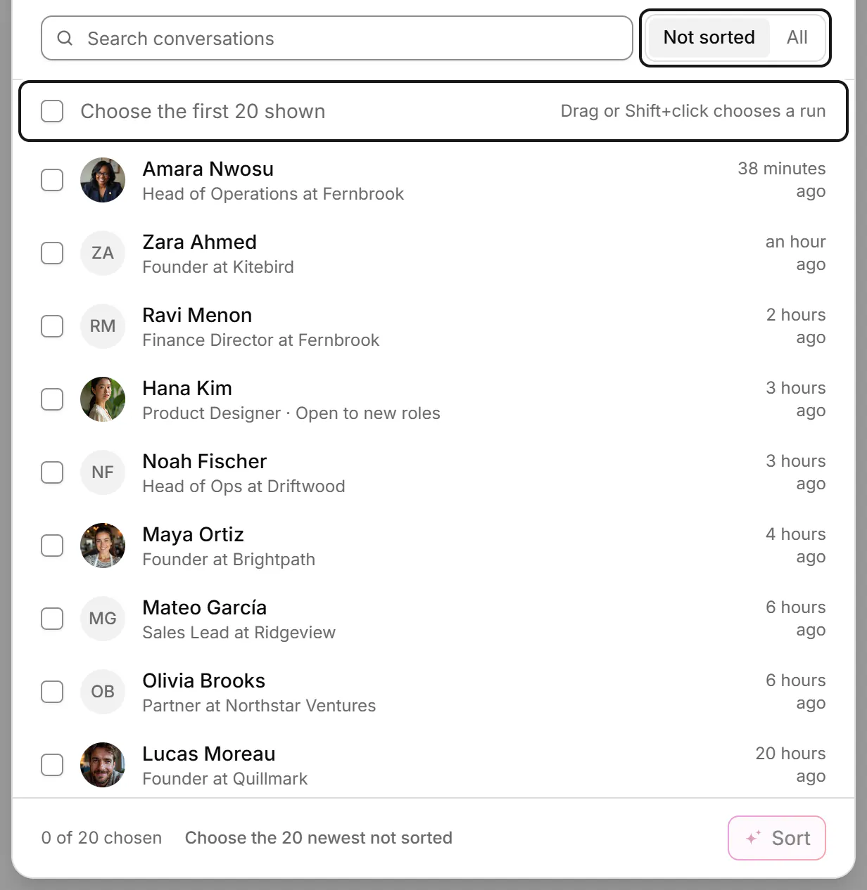 The Sort with AI dialog for choosing up to 20 recent conversations, with Not sorted and All filters.
