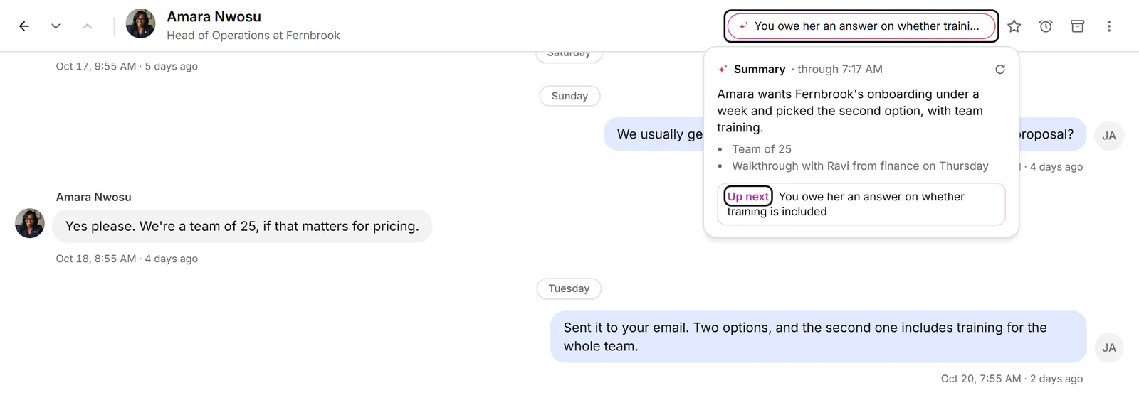 A conversation summary under the thread header: the main points and an Up next line saying what you owe.