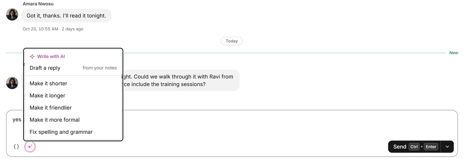 The Write with AI menu: Draft a reply from your notes, Make it shorter, longer, friendlier or more formal, and Fix spelling and grammar.