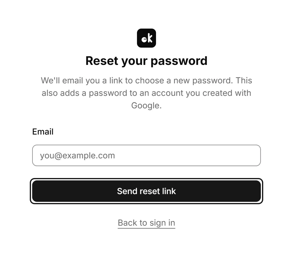 The 'Reset your password' page with an Email field and a Send reset link button.