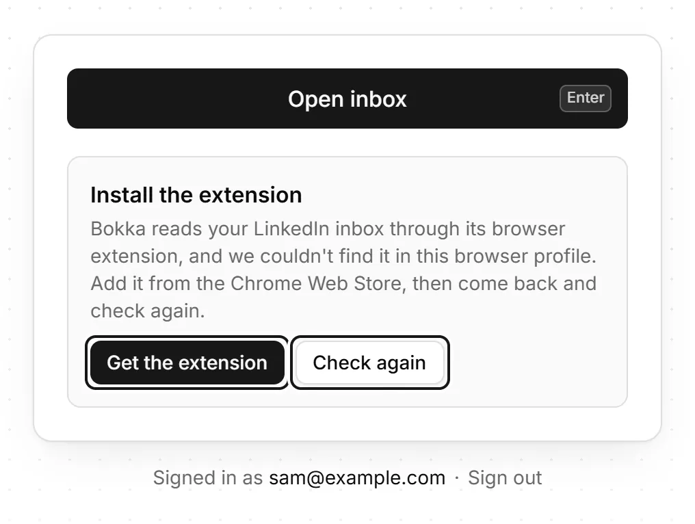 Bokka's home page saying 'Install the extension', with the Get the extension and Check again buttons.
