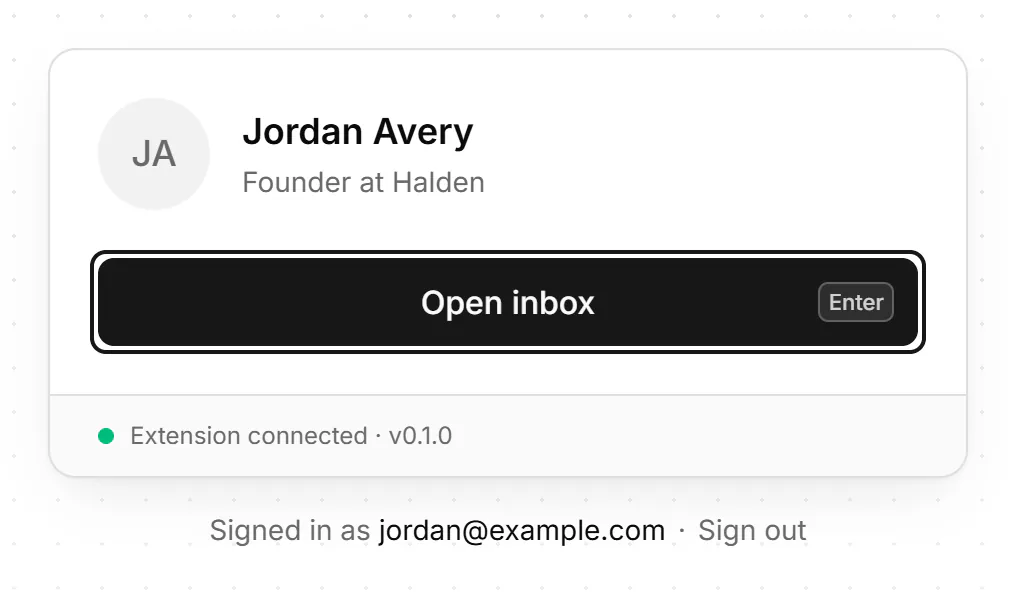 Bokka's home page showing the connected LinkedIn profile, the line 'Extension connected', and the Open inbox button.