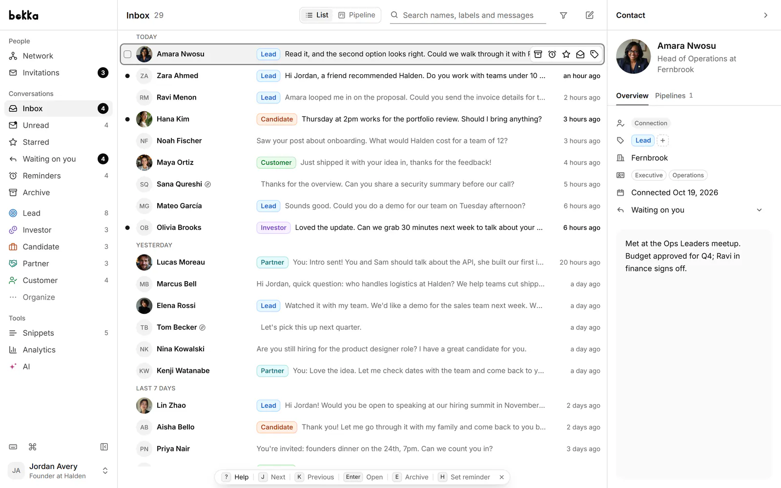 The Bokka inbox: the sidebar of views and labels on the left, the conversation list grouped by day in the middle, and the contact panel on the right.