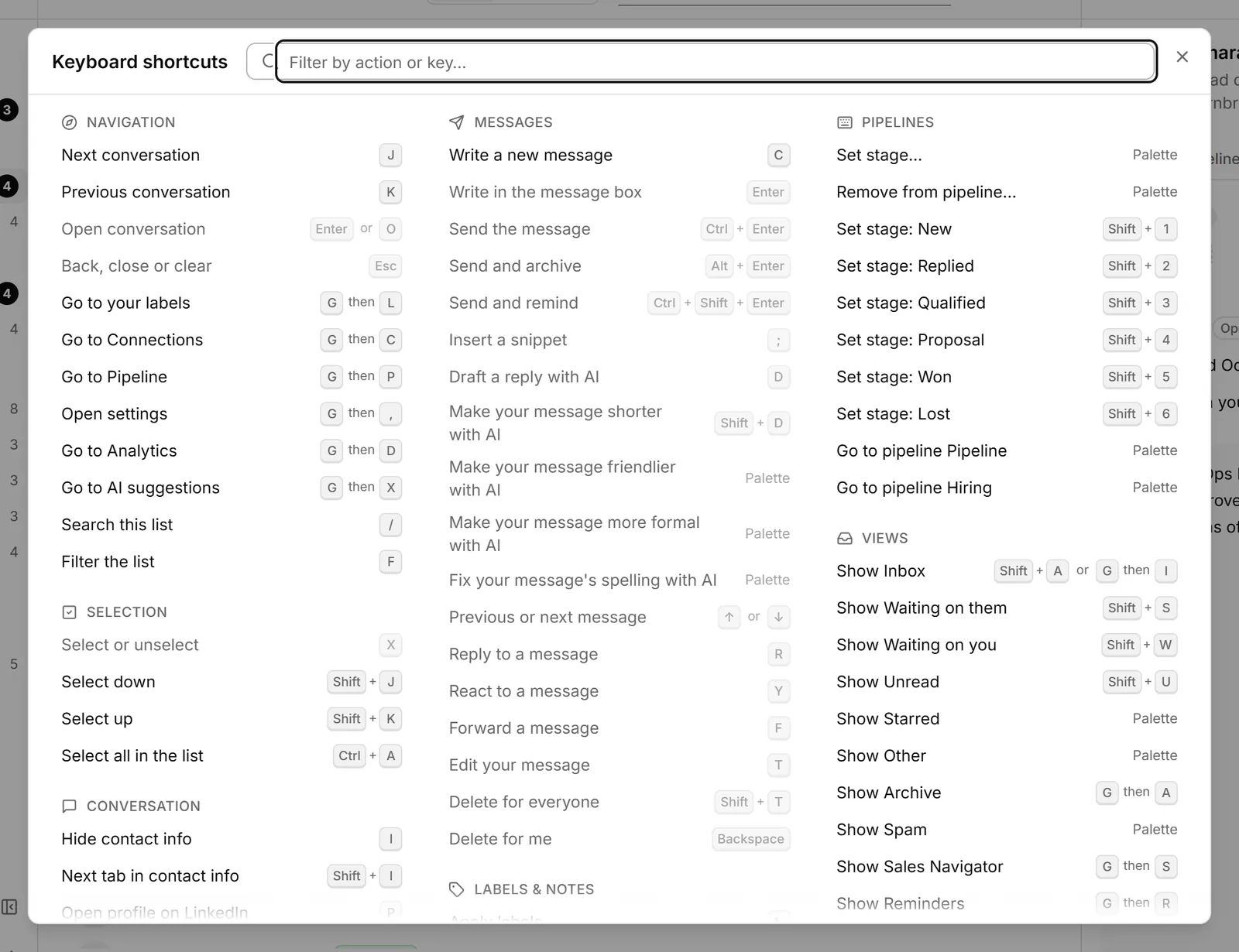 The Keyboard shortcuts sheet with a filter field and groups such as Navigation, Selection and Conversation.
