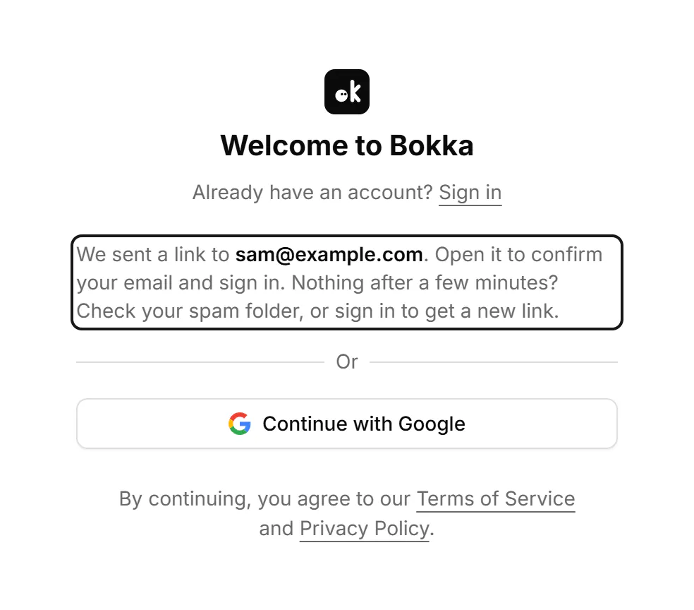 The sign-up page confirming 'We sent a link to' your email, with a reminder to check spam.