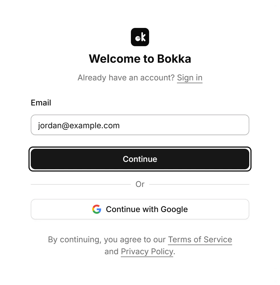 The 'Welcome to Bokka' sign-up form with an Email field, a Continue button and Continue with Google.