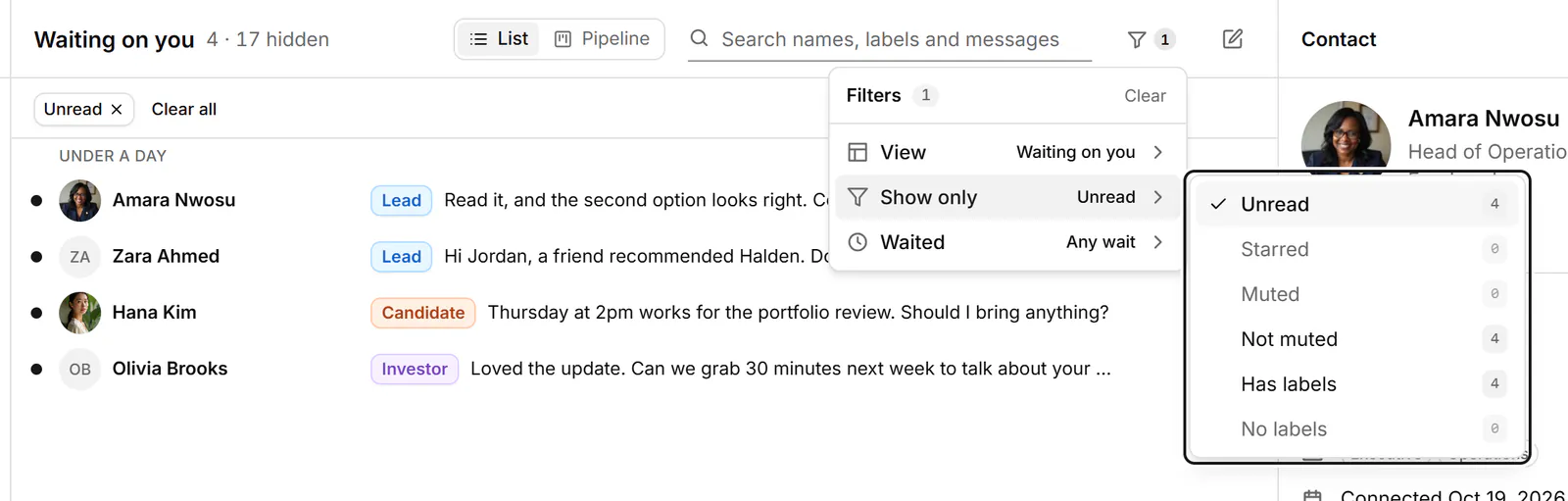 The Filter menu open over Waiting on you, with View choices and Show only toggles that show counts.