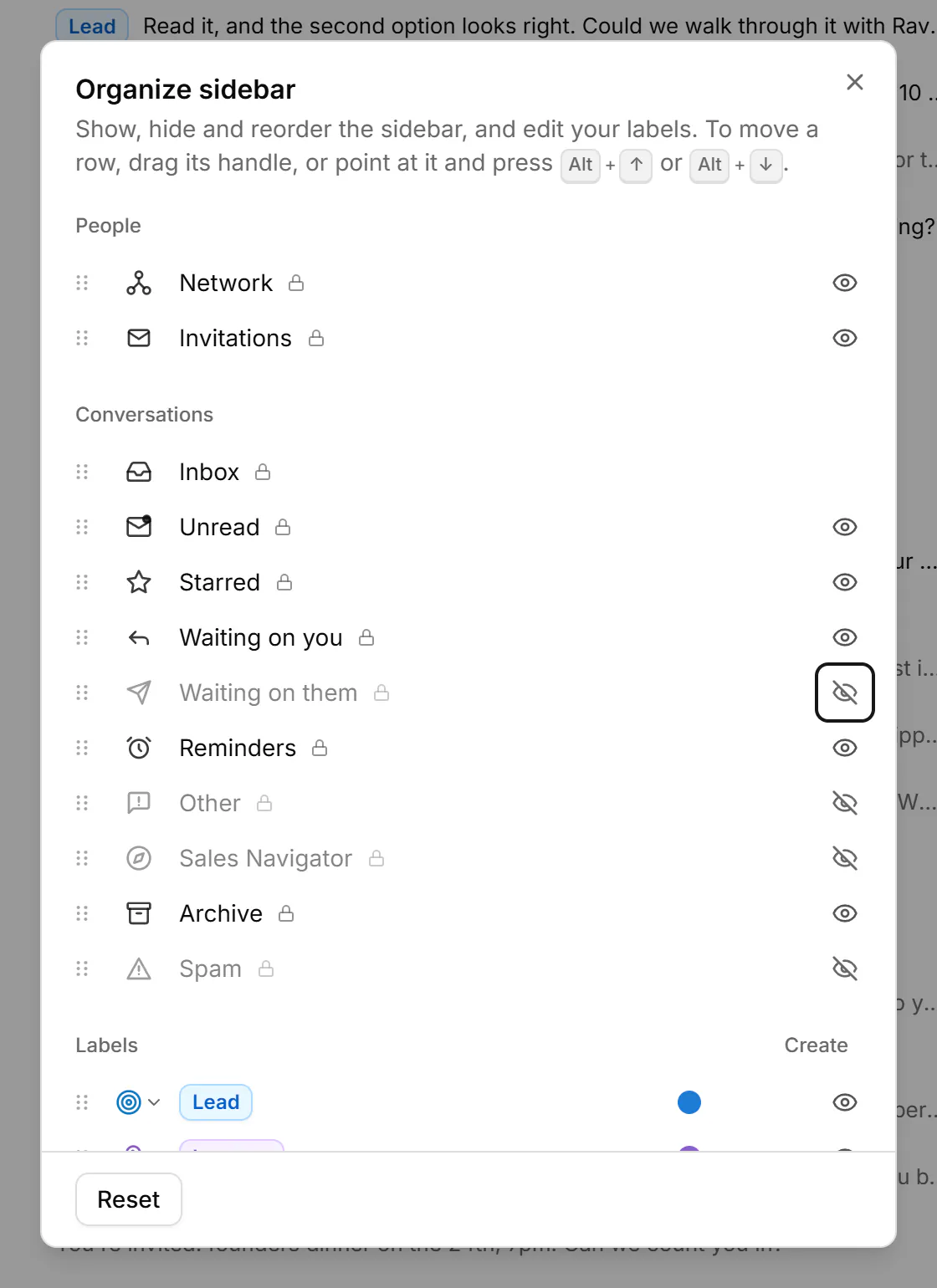 The Organize sidebar dialog listing views and labels, each with a button to show or hide it in the sidebar.