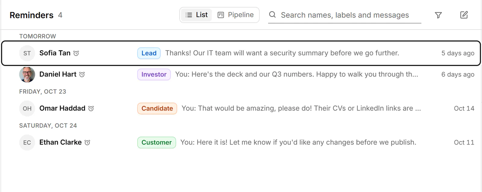 The Reminders view listing follow-ups with the time each one is due.