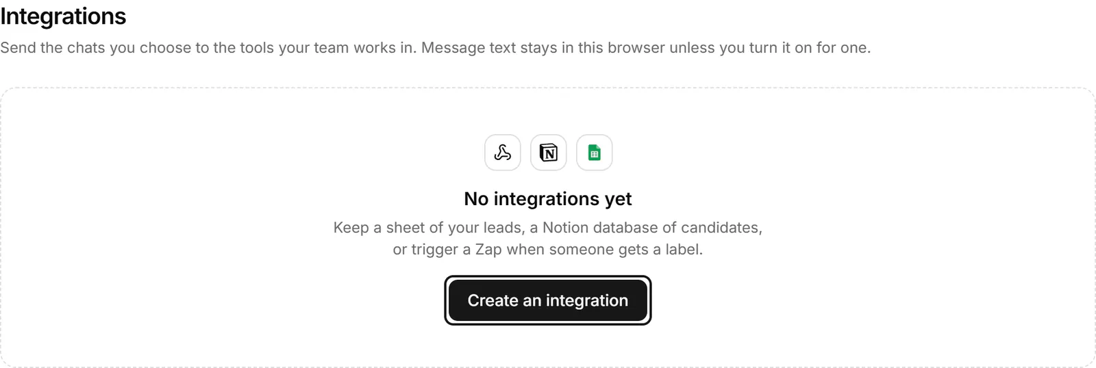 Settings, Integrations with no integrations yet and a Create an integration button.