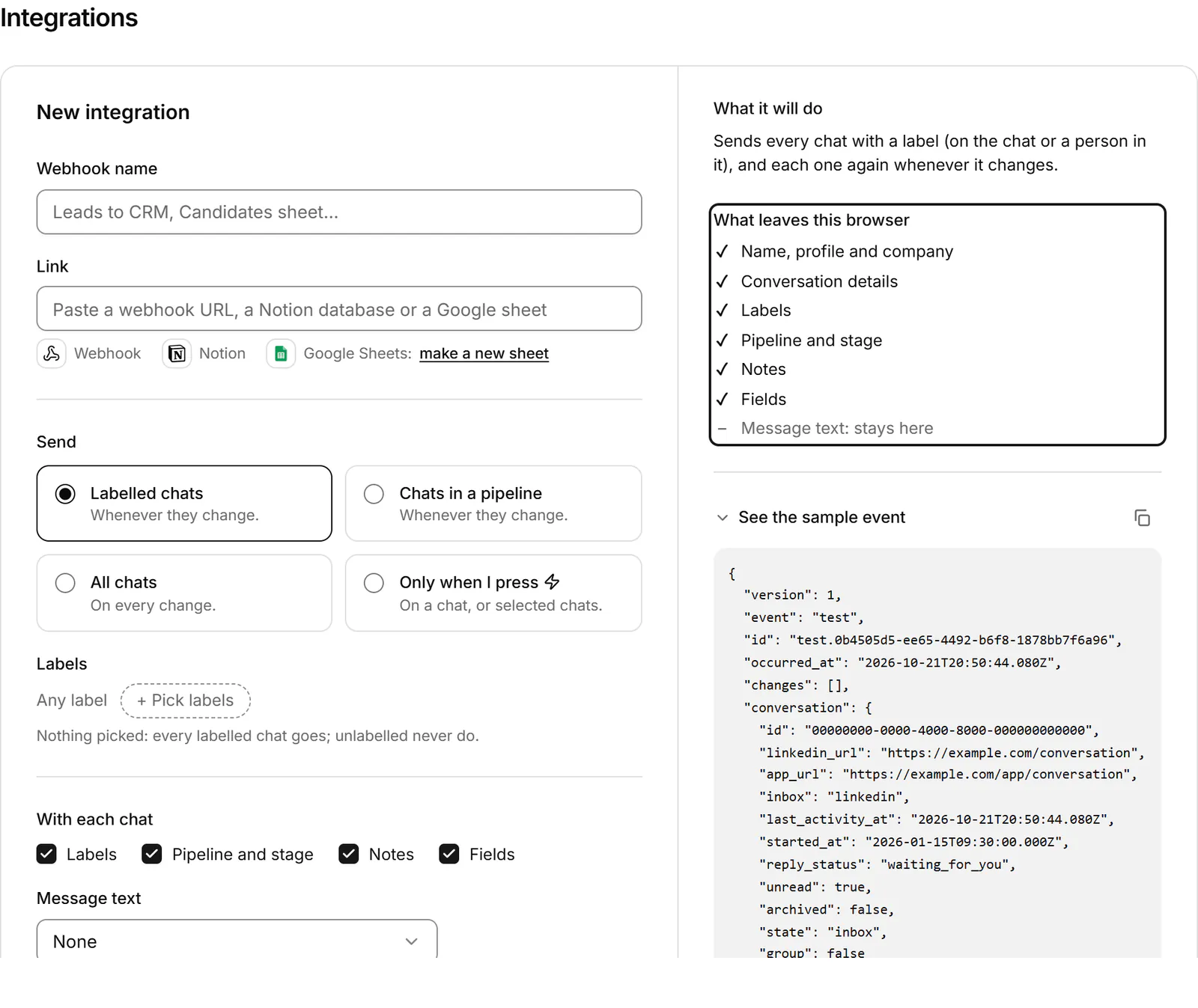 The new integration form: where to send, which chats, what goes with each, and a panel listing what leaves this browser, with message text staying here.