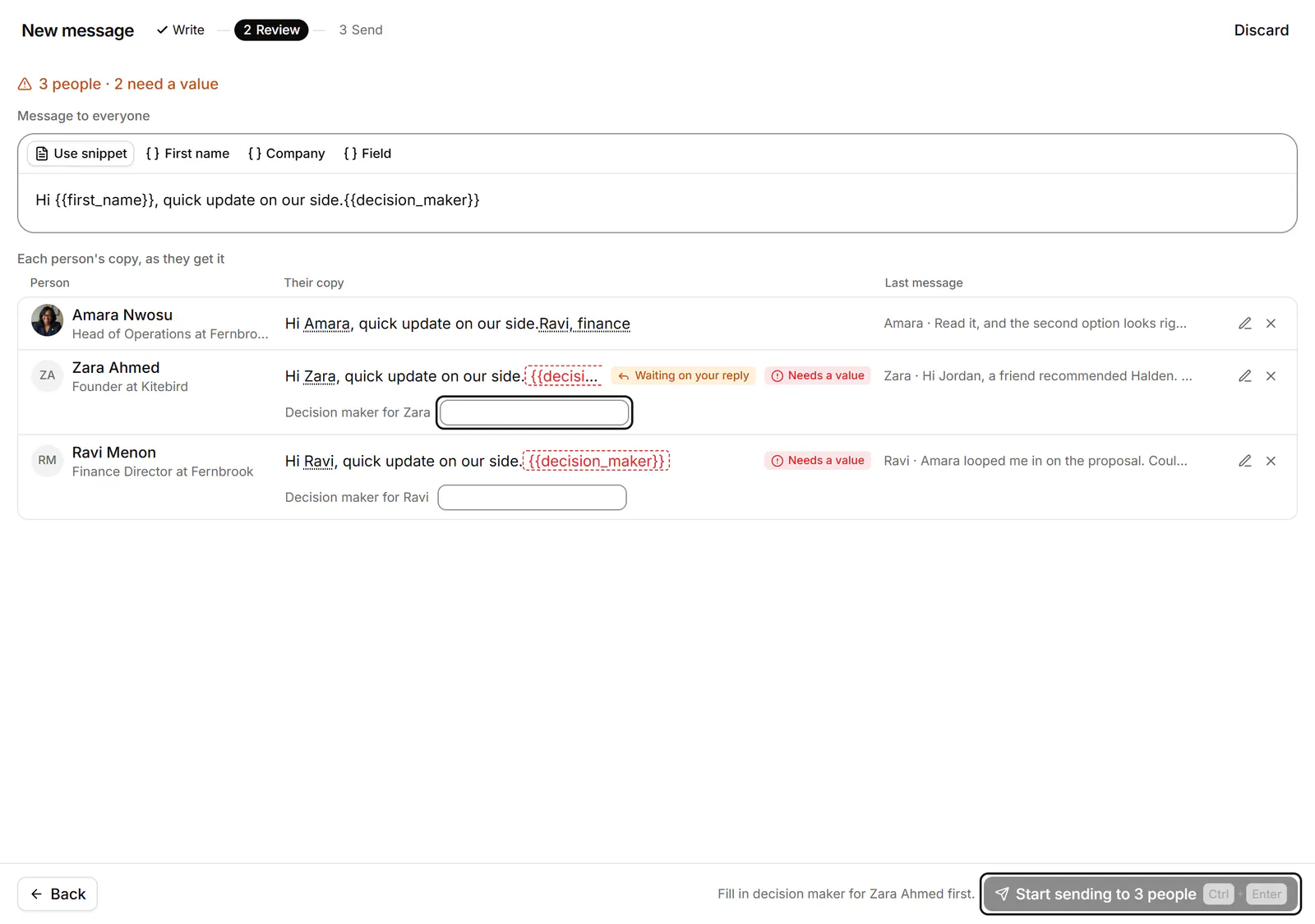 The Review step showing each person's copy; two need a value filled in before sending can start.