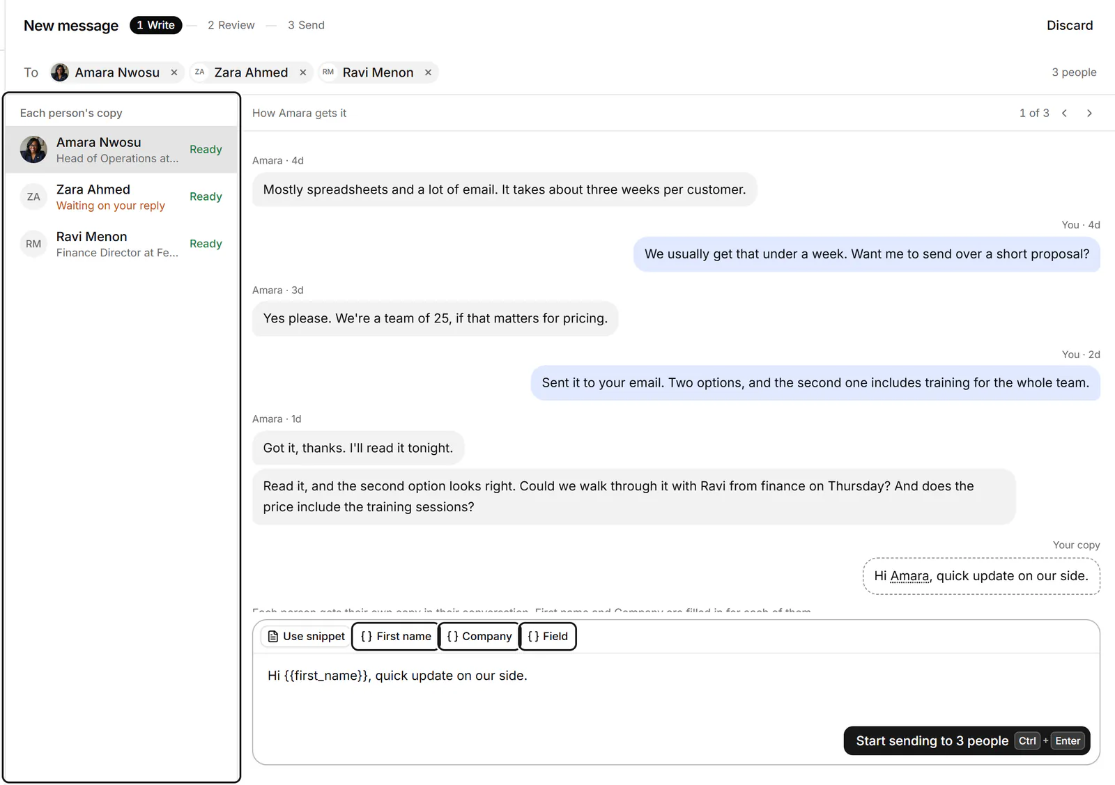 The Write step: one message to three people, buttons to insert First name and Company, and each person's copy listed as Ready.