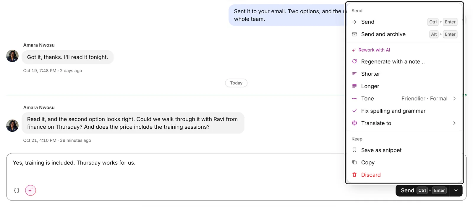 The menu beside Send, with Send, Send and archive, AI rework options, Save as snippet, Copy and Discard.