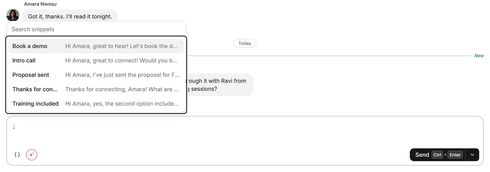 The snippet picker open in the reply box, listing saved replies such as Book a demo and Intro call with a preview of each.