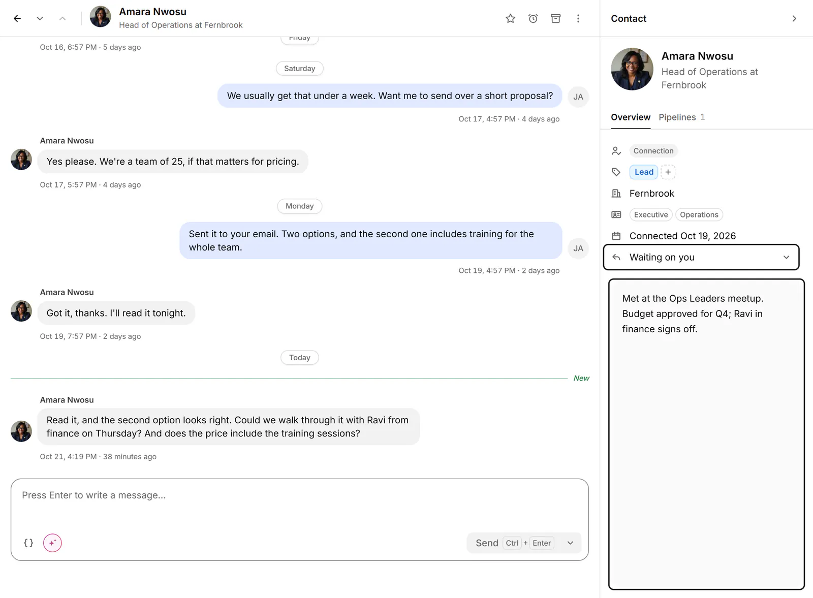 The contact panel for Amara Nwosu: headline, Connection badge, the Lead label, Connected date, reply status Waiting on you, and a note.