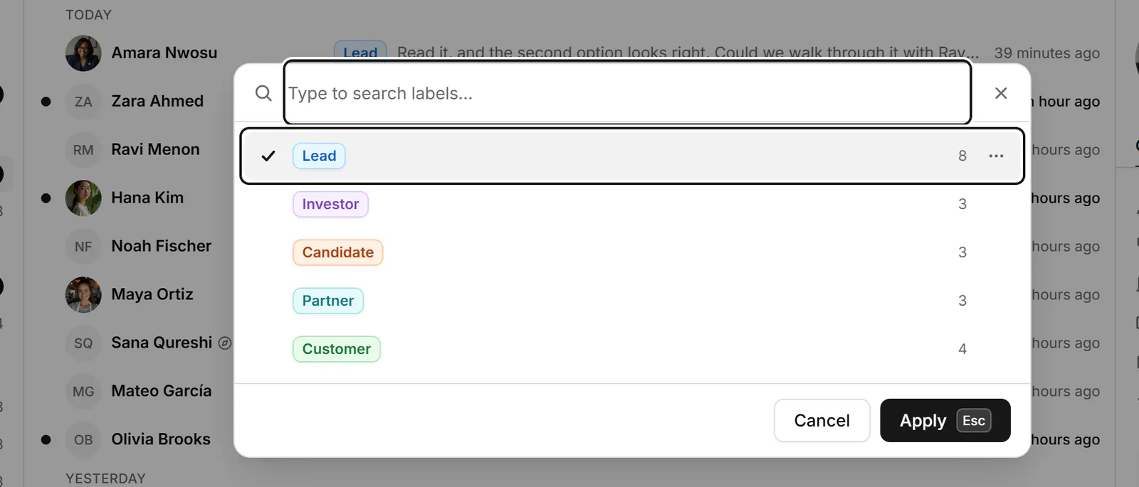 The Apply labels dialog with a search field, Lead checked, and other labels such as Investor and Candidate.