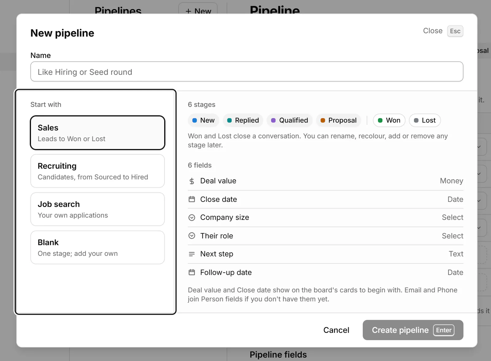 Choosing a template for a new pipeline: Sales, Recruiting, Job search or Blank.