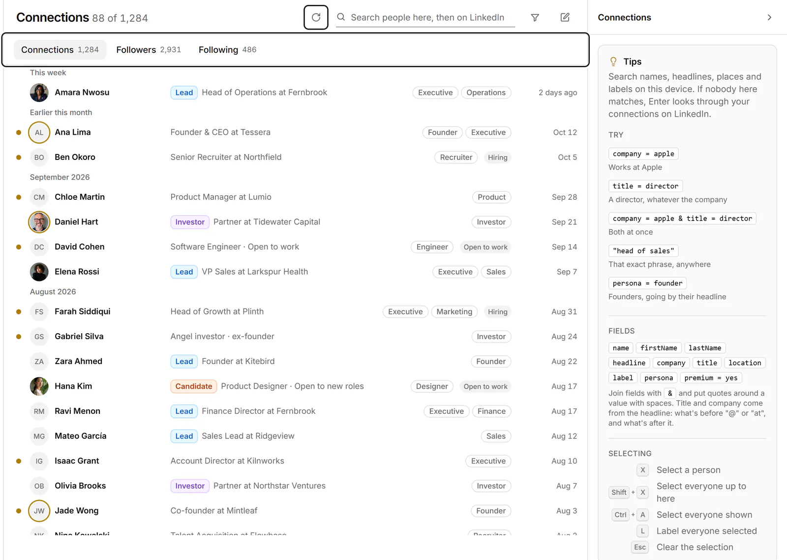 People, Connections: a list of connections with labels and badges, tabs for Followers and Following, and a Tips panel.