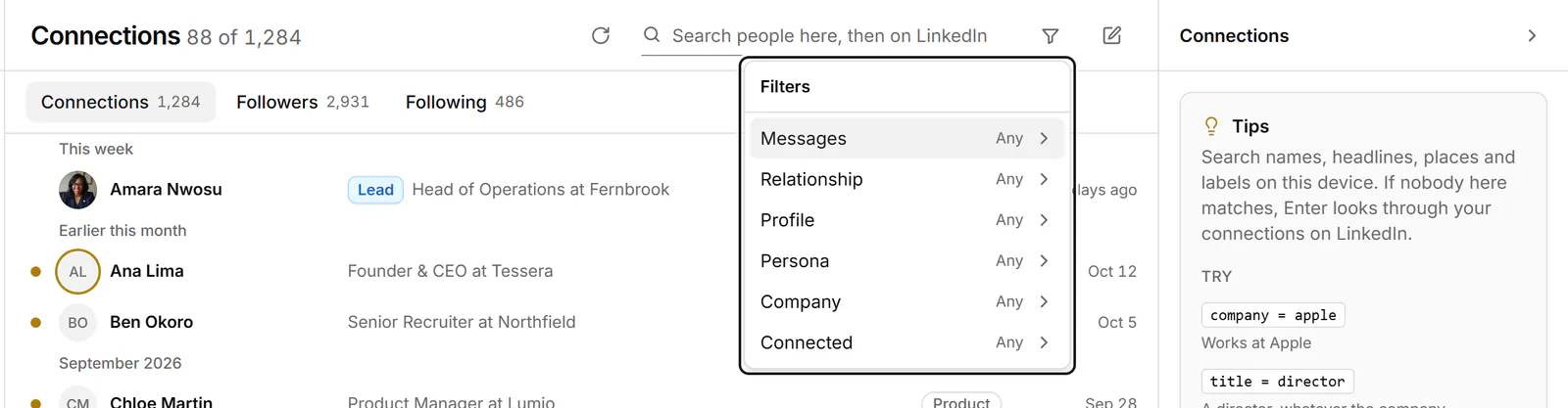 The Filter connections menu with groups Messages, Relationship, Profile, Persona, Company and Connected.