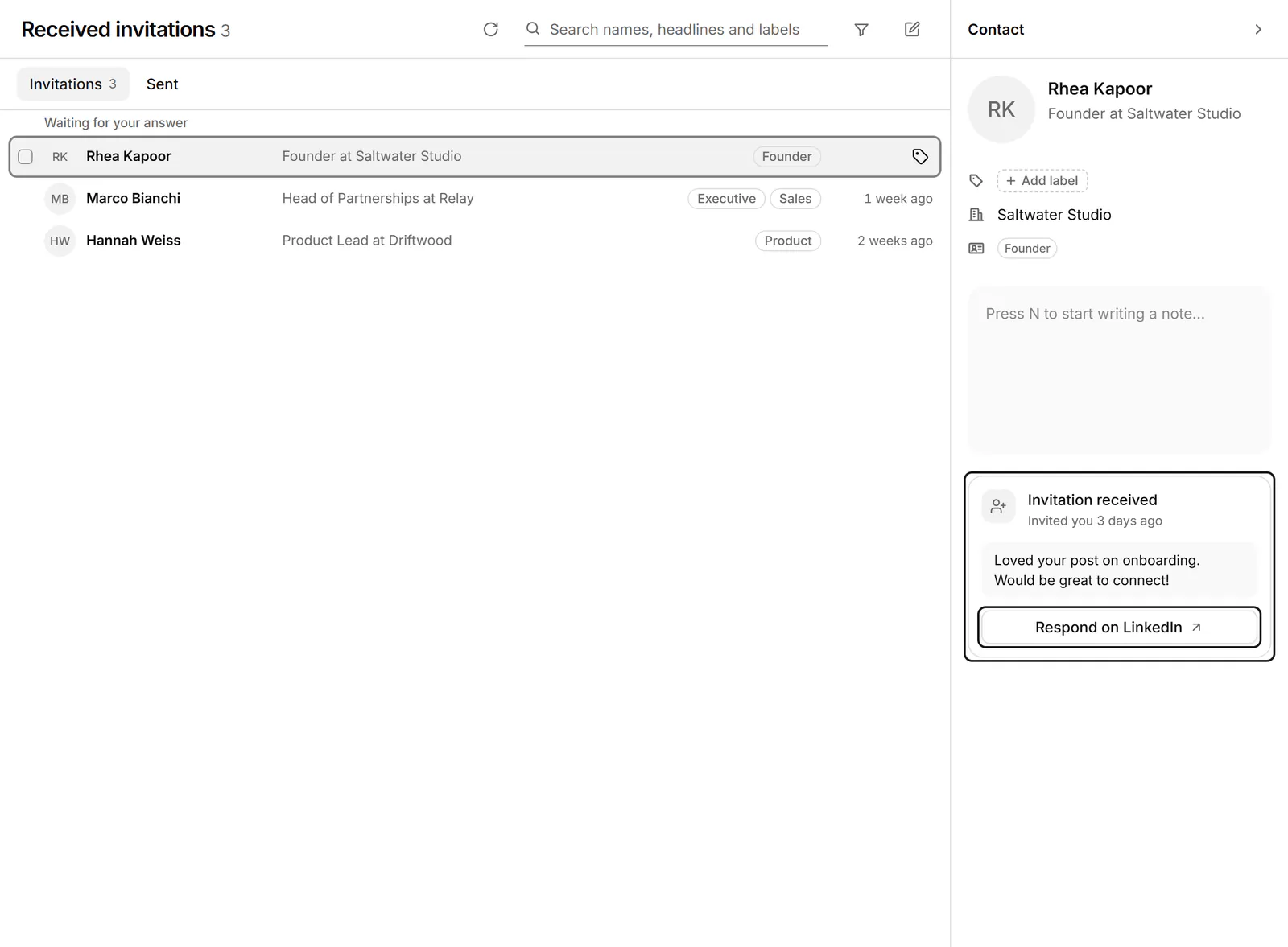 Received invitations with one selected, showing the person's message and a Respond on LinkedIn link.