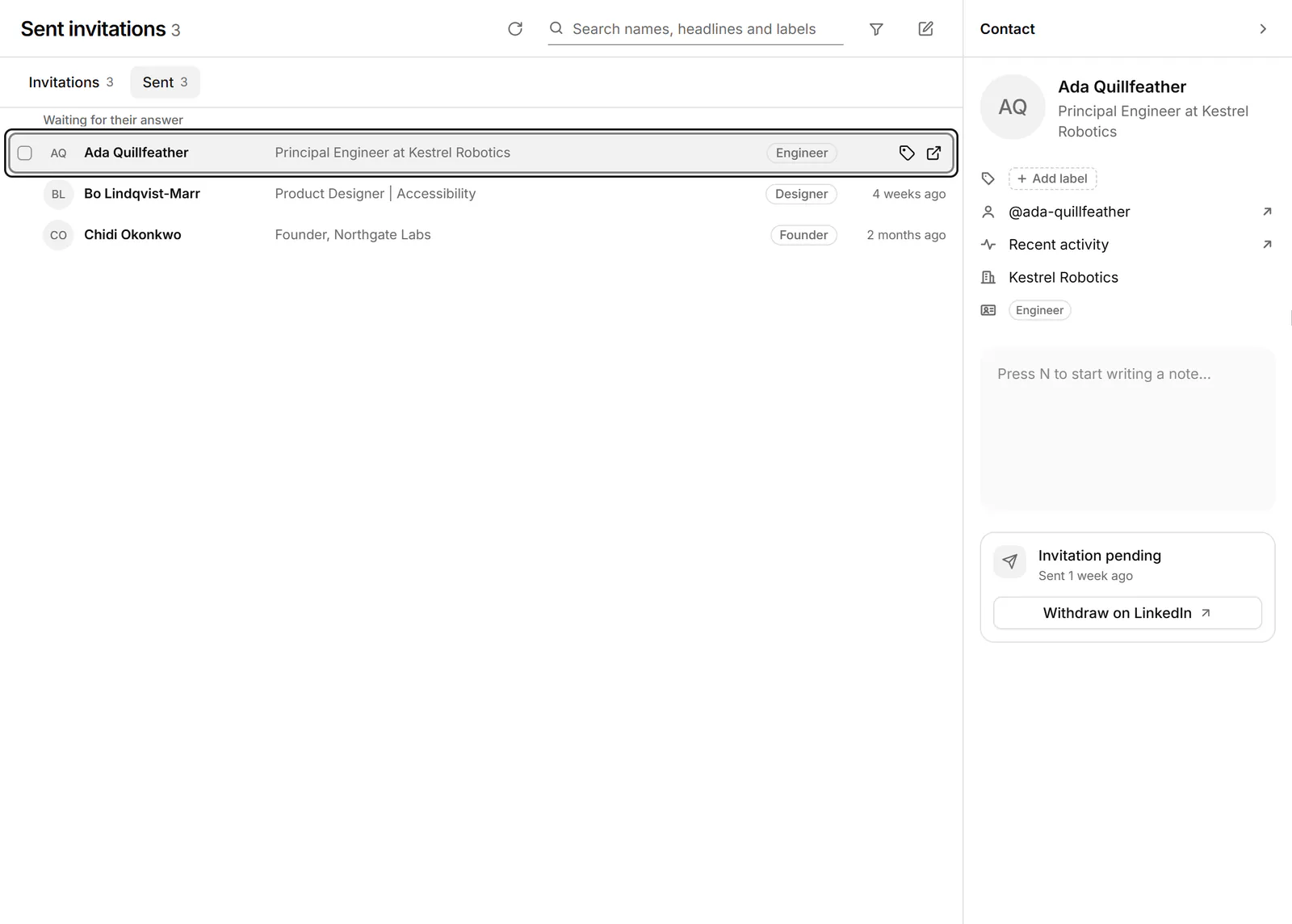 Sent invitations listing people you invited who haven't answered yet, each marked Invitation pending.