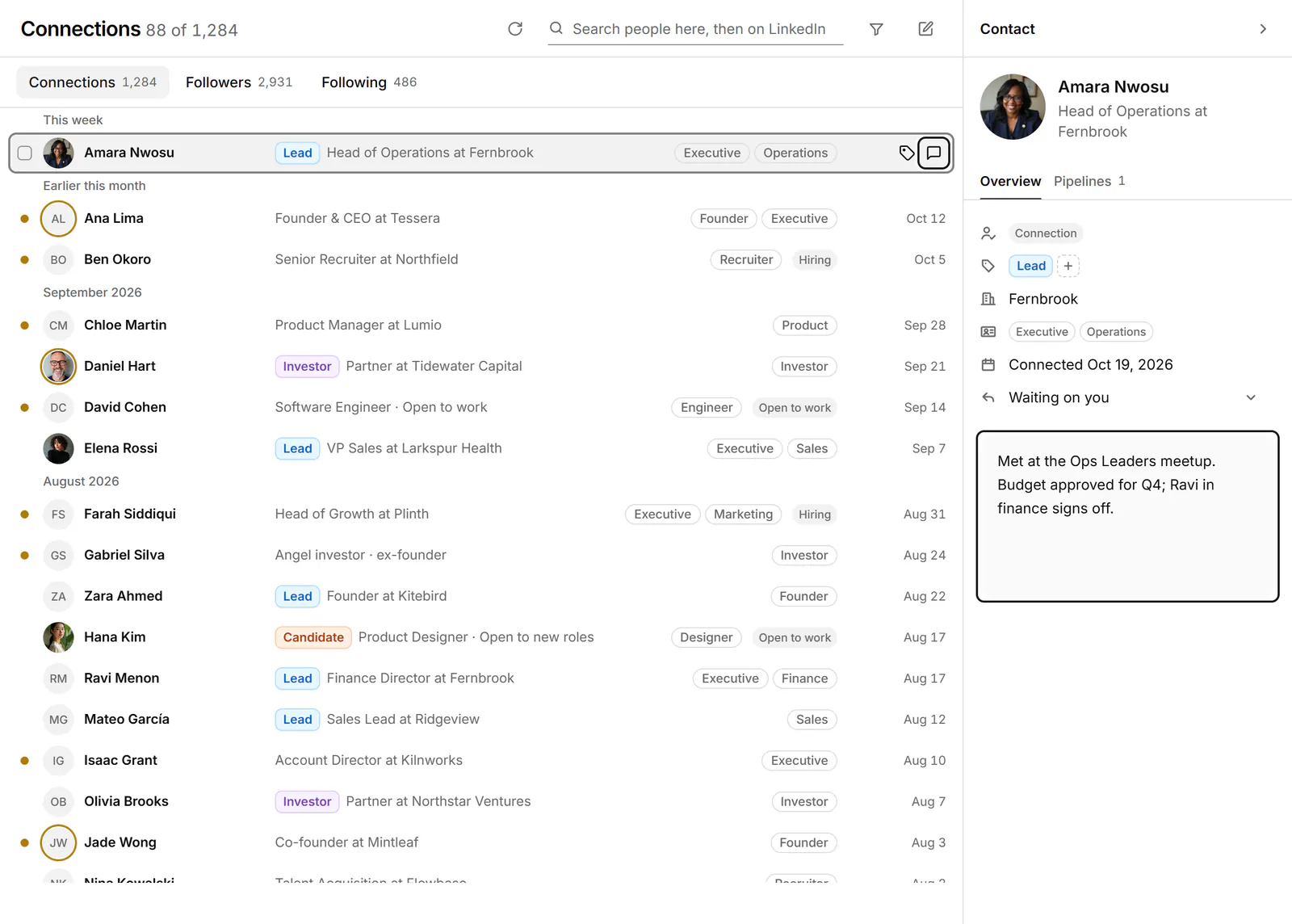 A connection selected in People, with the contact panel showing labels, reply status, a note, and a button to open the conversation.