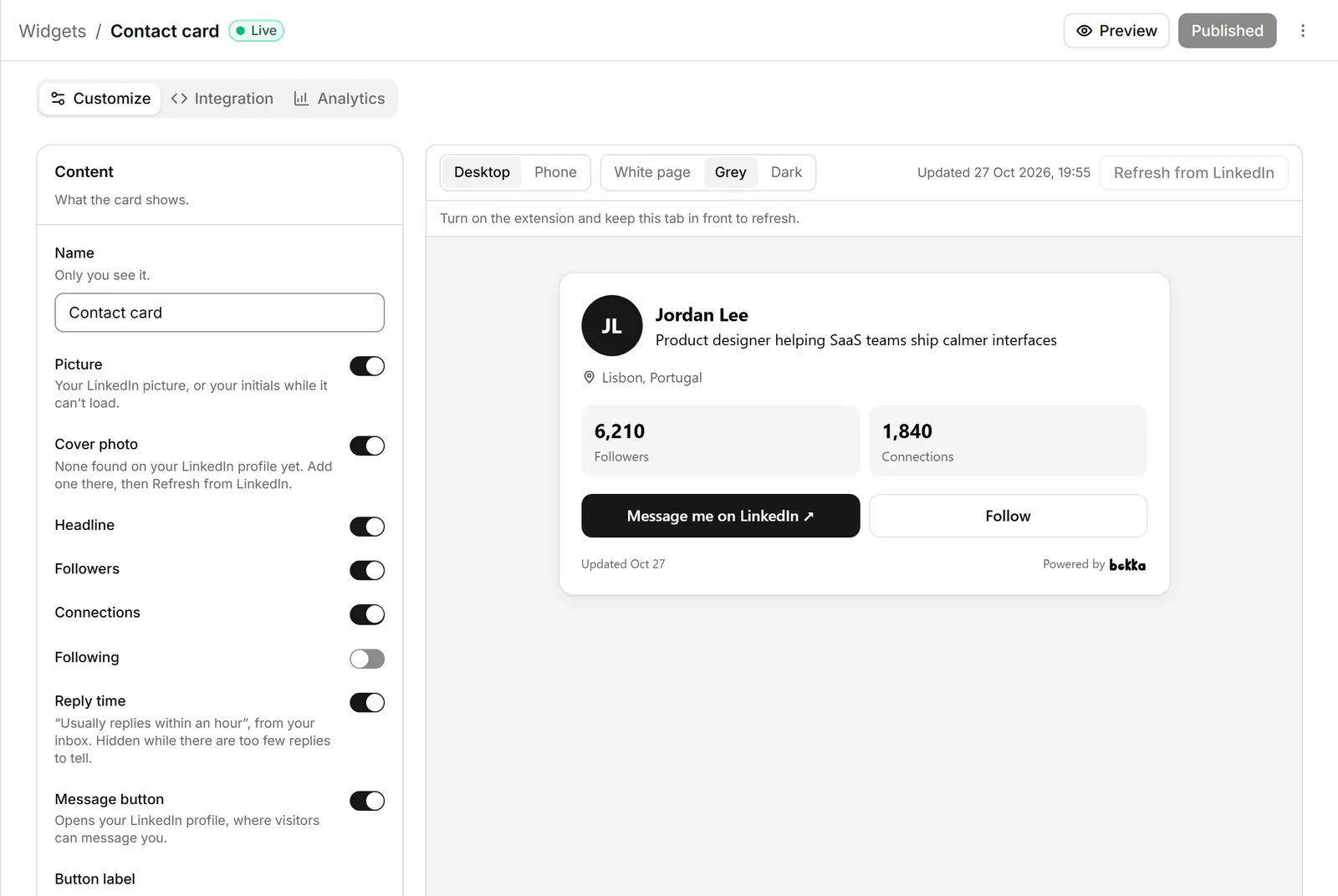 The widget editor on Customize: settings for the contact card on the left and a live preview of the card on the right, with Customize, Integration and Analytics tabs.