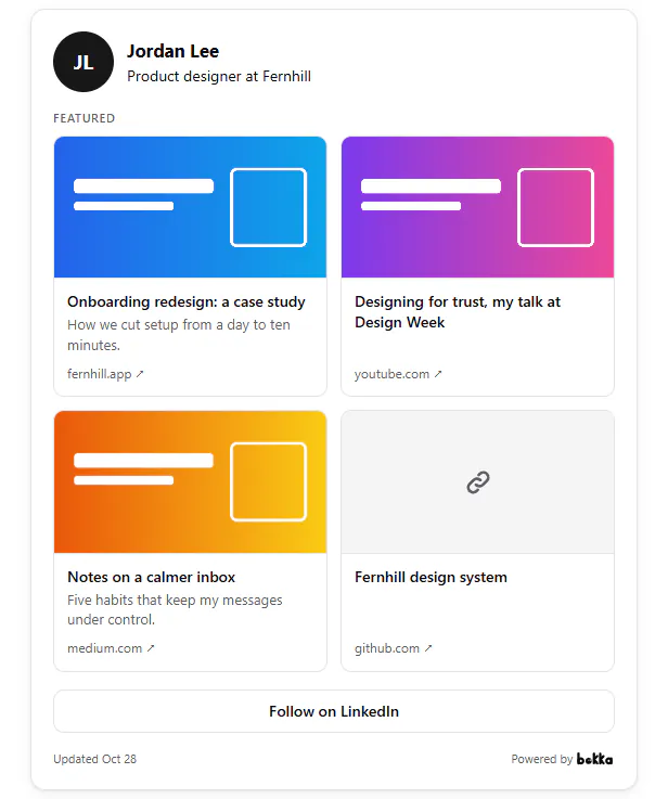 A Featured widget for Jordan Lee: four link cards in a grid, three with their pictures and one with a link mark, each with its title and site, and a Follow on LinkedIn button.