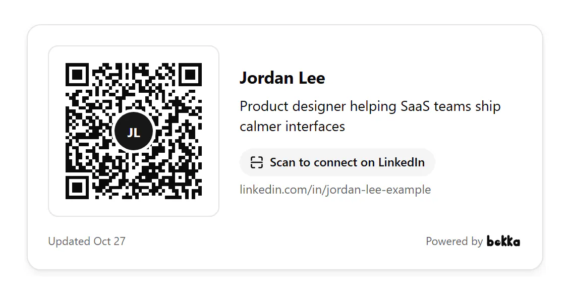 A QR code card: a code with initials in its centre beside Jordan Lee's name, headline, 'Scan to connect on LinkedIn' and the profile address.