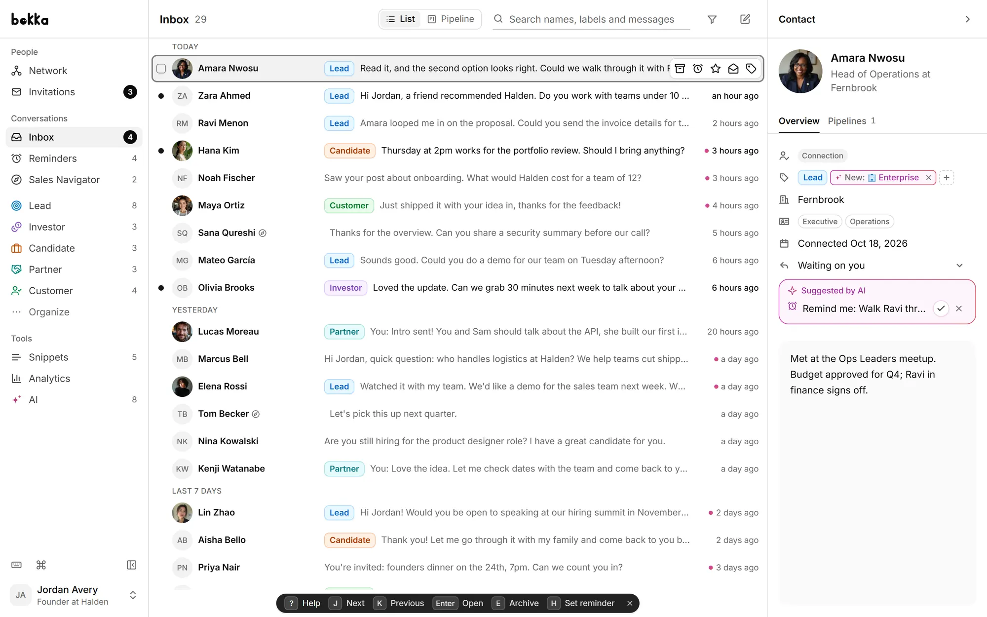 Bokka's inbox: every LinkedIn conversation with its label, pipeline stage, unread and reply status.