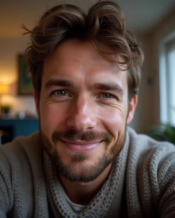 A smiling bearded founder in a grey knit sweater